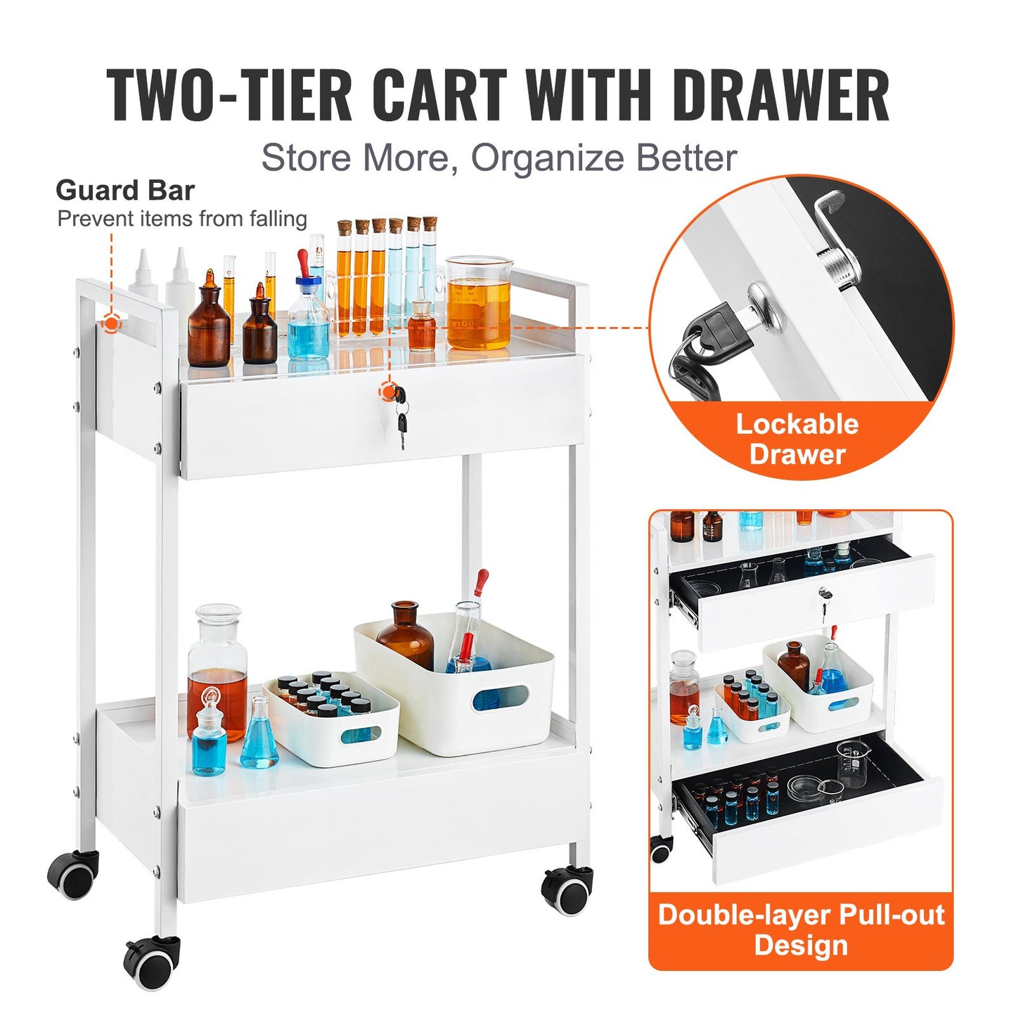 VEVOR Lab Cart, 2 Tiers Stainless Steel Utility Cart, Medical Cart with 2 Drawers,