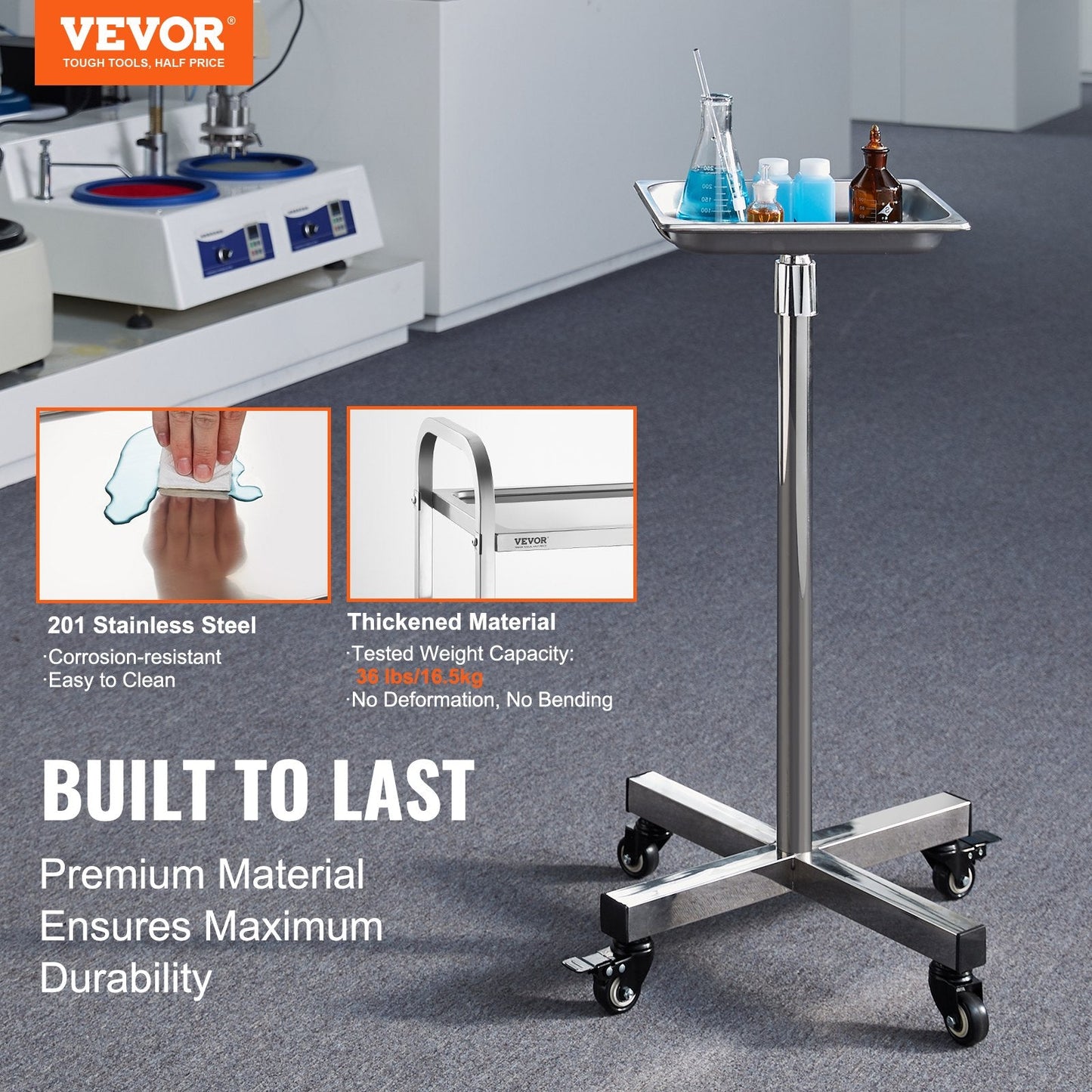 Stainless Steel Adjustable Mayo Stand with Wheels, 16.5 kg Capacity, 0.81-1.4 m Height