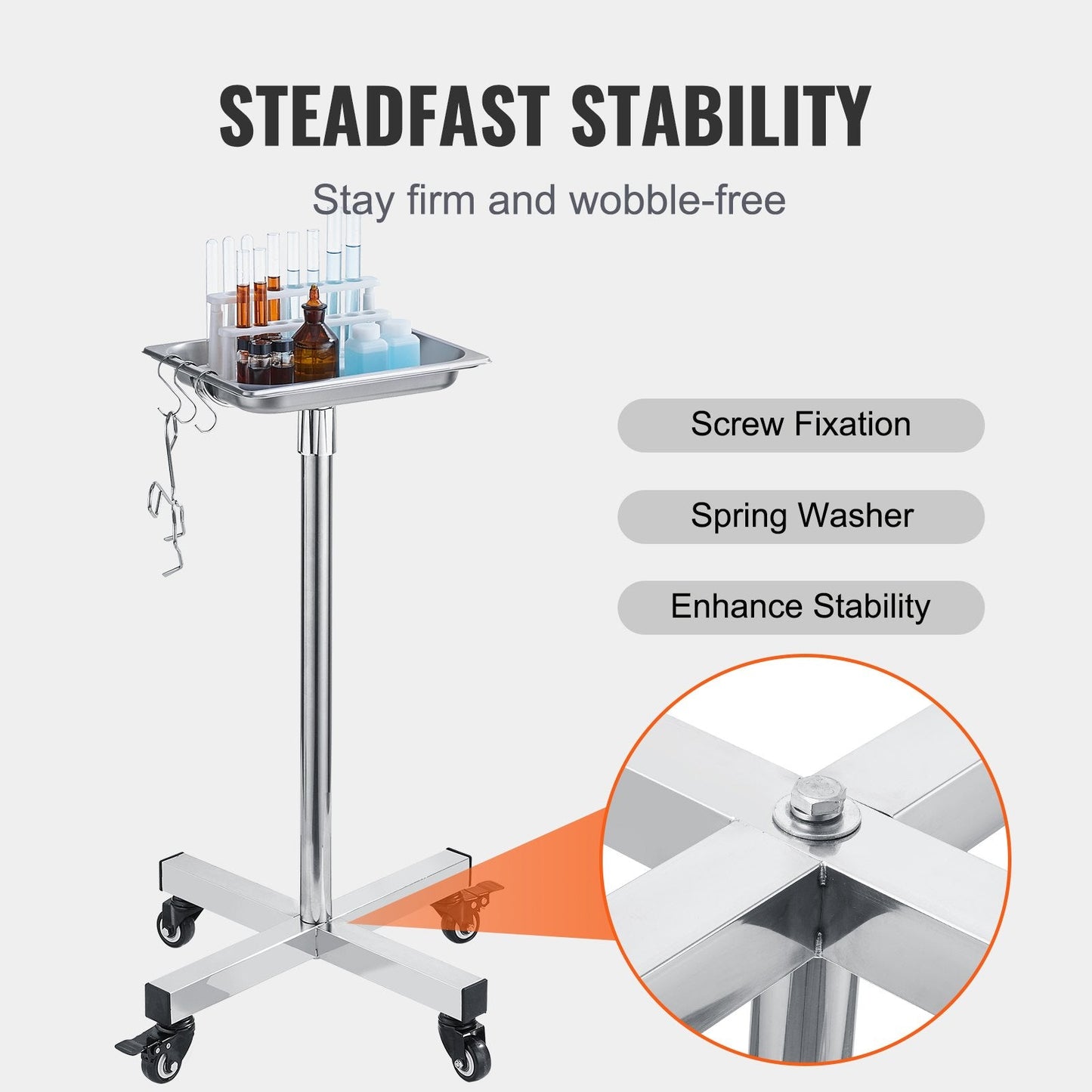 Stainless Steel Adjustable Mayo Stand with Wheels, 16.5 kg Capacity, 0.81-1.4 m Height