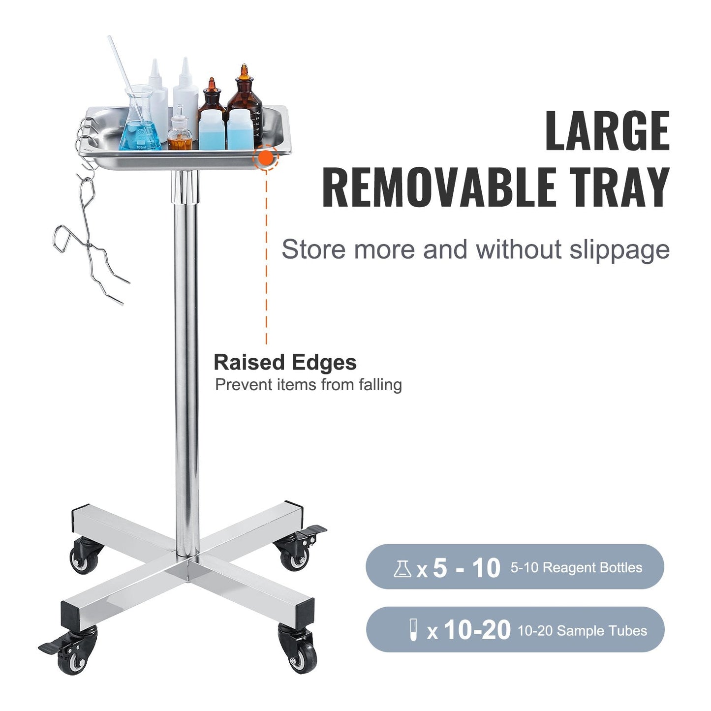 Stainless Steel Adjustable Mayo Stand with Wheels, 16.5 kg Capacity, 0.81-1.4 m Height