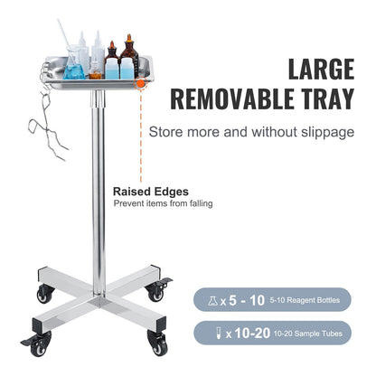 Stainless Steel Adjustable Mayo Stand with Wheels, 16.5 kg Capacity, 0.81-1.4 m Height