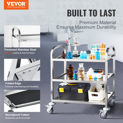VEVOR Stainless Steel Cart, 3 Layers Lab Utility Cart 181 kg Weight Capacity, Medical