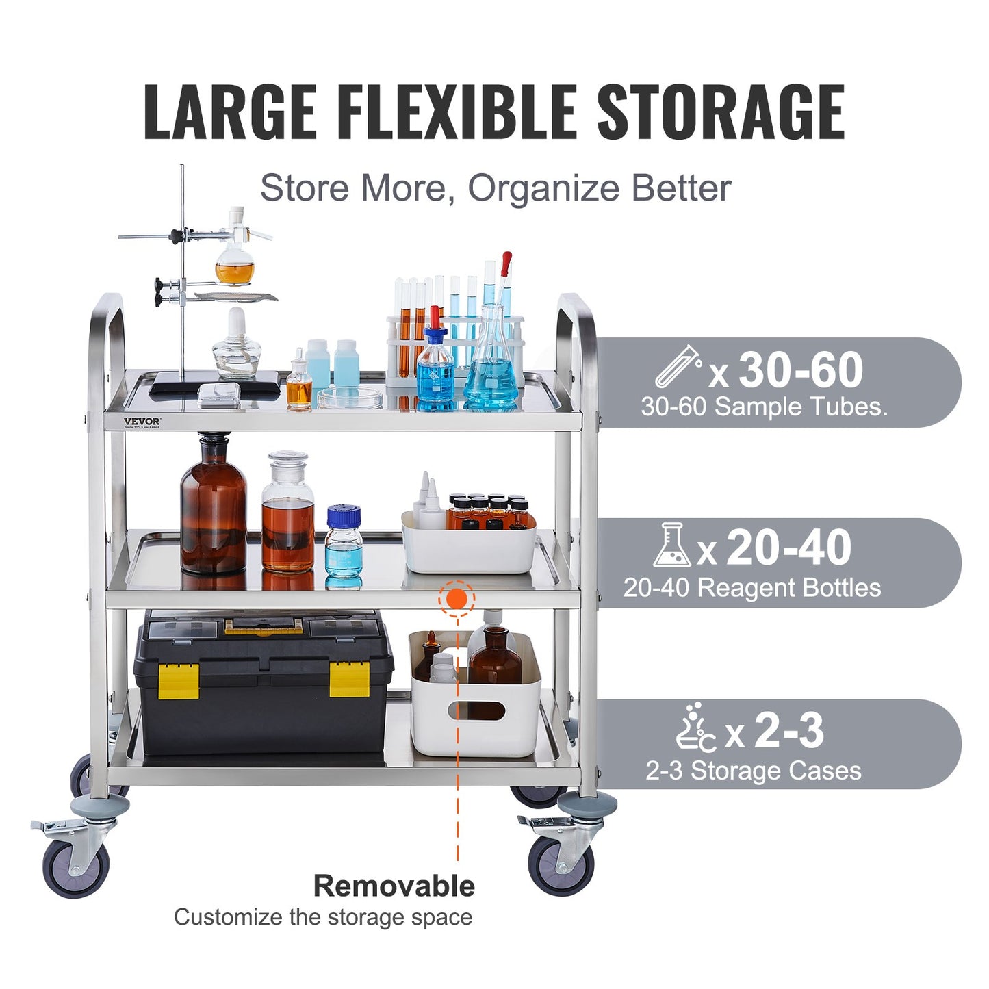 VEVOR Stainless Steel Cart, 3 Layers Lab Utility Cart 181 kg Weight Capacity, Medical