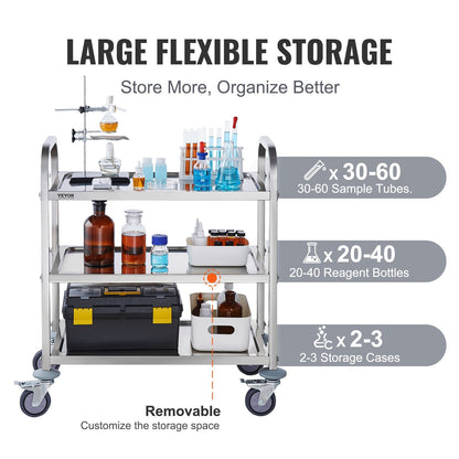 Stainless Steel 3-Tier Utility Cart with Lockable Wheels, 181 kg Capacity
