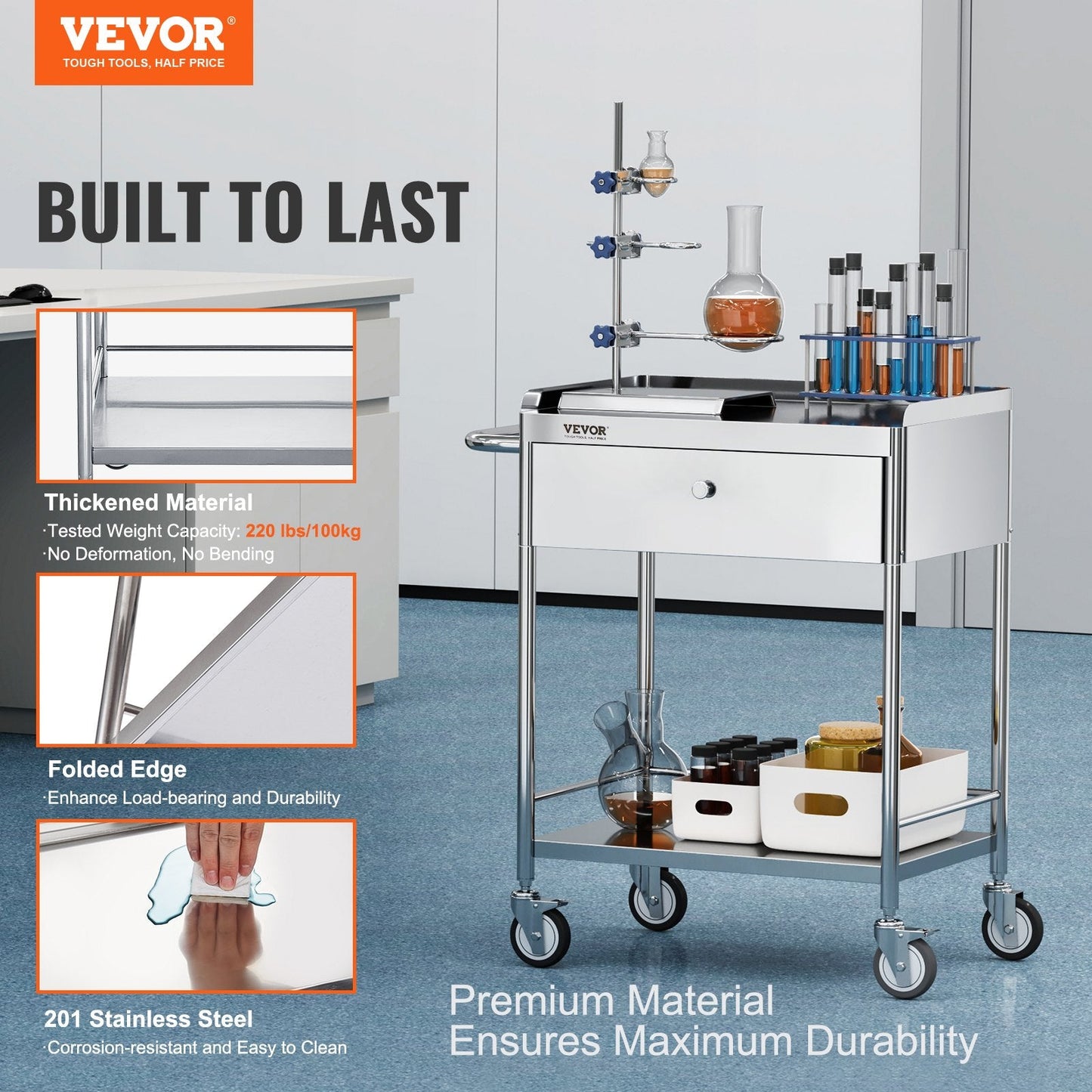 Stainless Steel Medical Cart with Drawer, 2-Tier, 100 kg Capacity, Silent Wheels