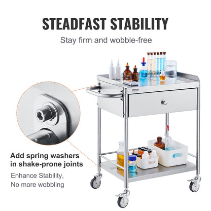VEVOR Medical Cart, 2 Layers Stainless Steel Cart 100 kg Weight Capacity, Lab Utility