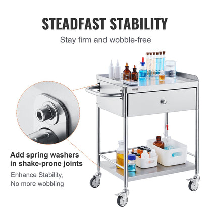 Stainless Steel Medical Cart with Drawer, 2-Tier, 100 kg Capacity, Silent Wheels
