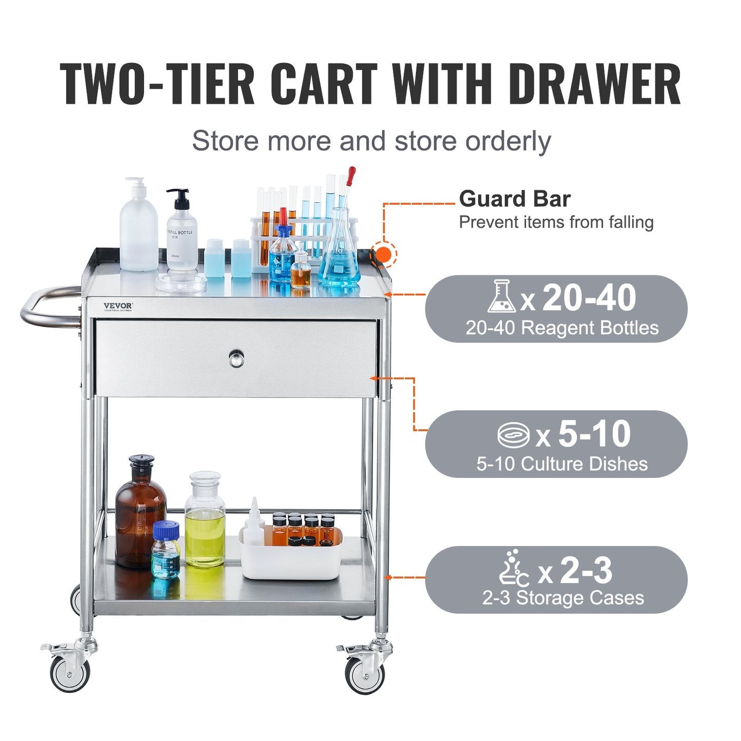 Stainless Steel Medical Cart with Drawer, 2-Tier, 100 kg Capacity, Silent Wheels