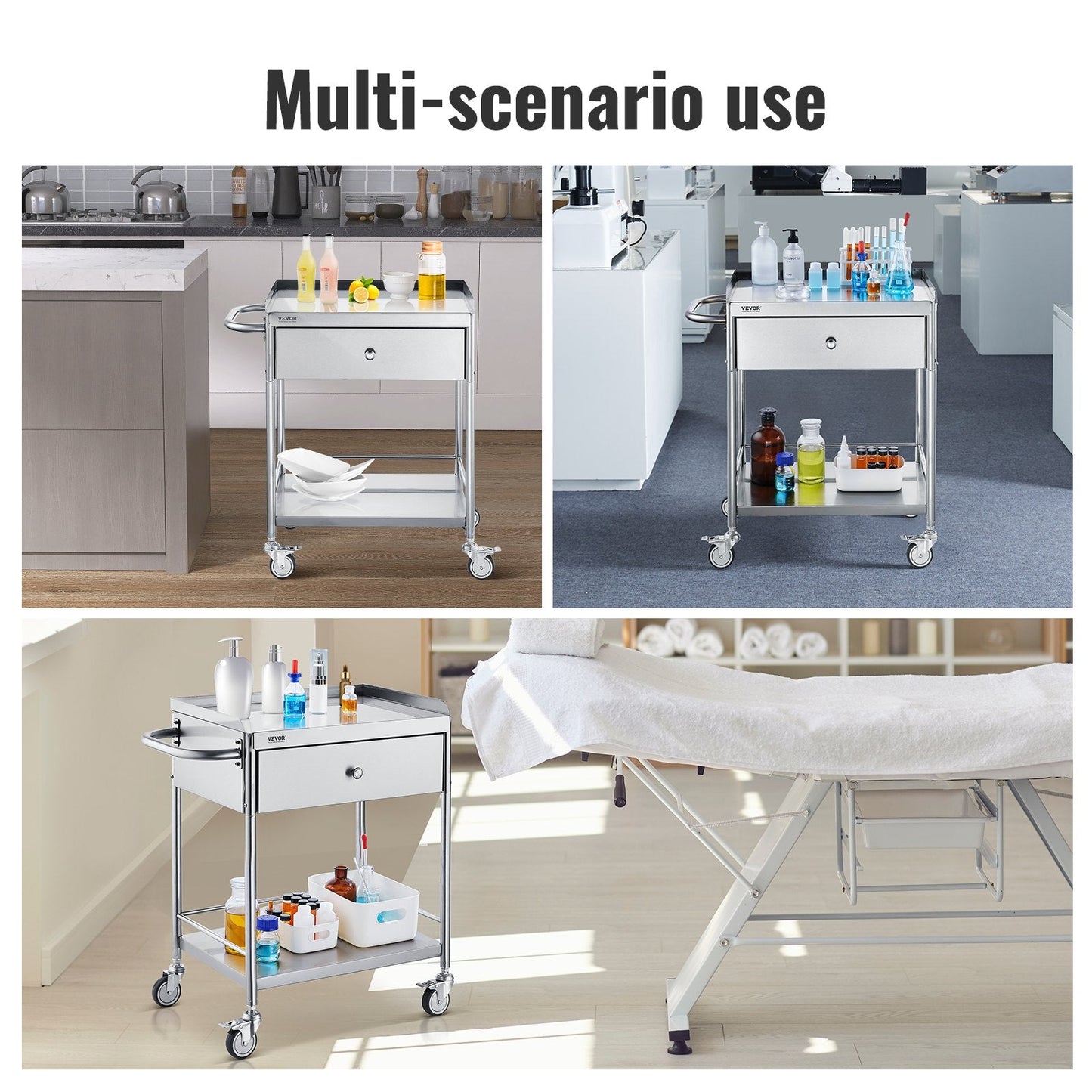 Stainless Steel Medical Cart with Drawer, 2-Tier, 100 kg Capacity, Silent Wheels