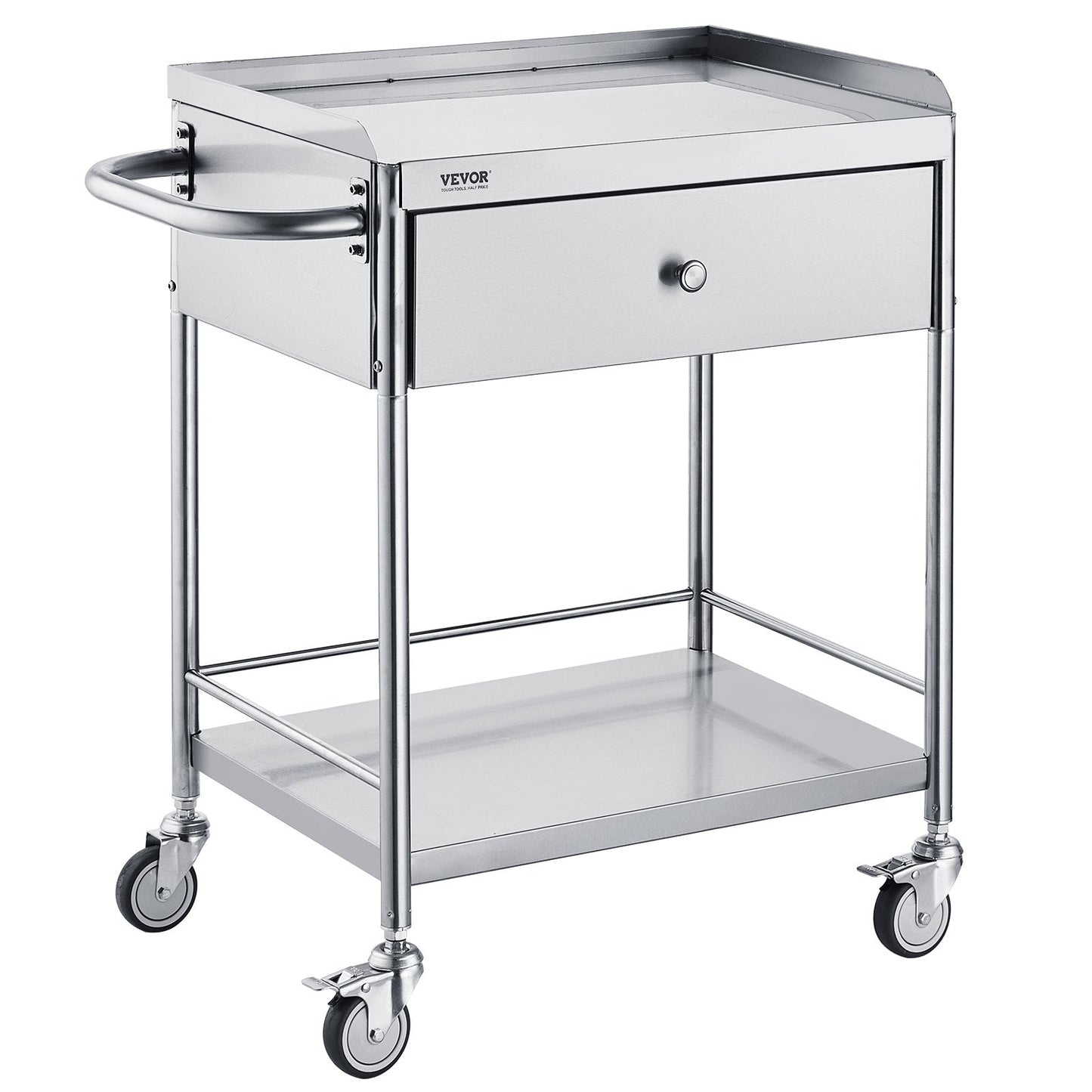 Stainless Steel Medical Cart with Drawer, 2-Tier, 100 kg Capacity, Silent Wheels