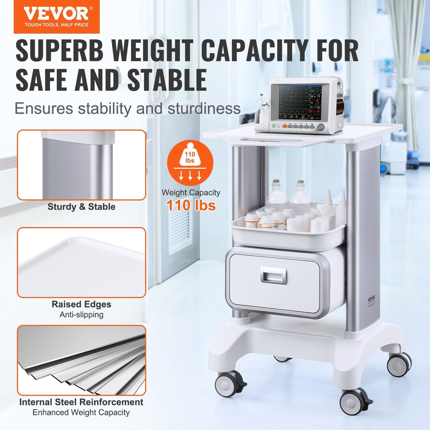 2-Tier Mobile Medical Cart with Drawer and Tray, White, 50 kg Capacity