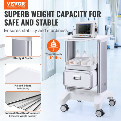 2-Tier Mobile Medical Cart with Drawer and Tray, White, 50 kg Capacity