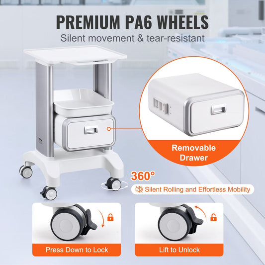 2-Tier Mobile Medical Cart with Drawer and Tray, White, 50 kg Capacity