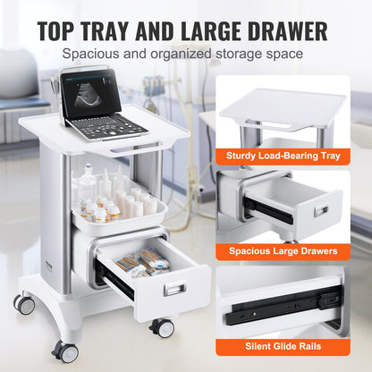2-Tier Mobile Medical Cart with Drawer and Tray, White, 50 kg Capacity
