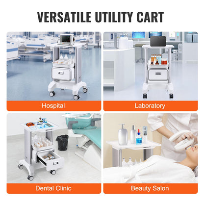 2-Tier Mobile Medical Cart with Drawer and Tray, White, 50 kg Capacity