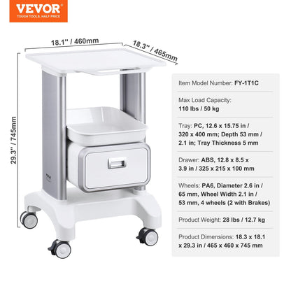2-Tier Mobile Medical Cart with Drawer and Tray, White, 50 kg Capacity