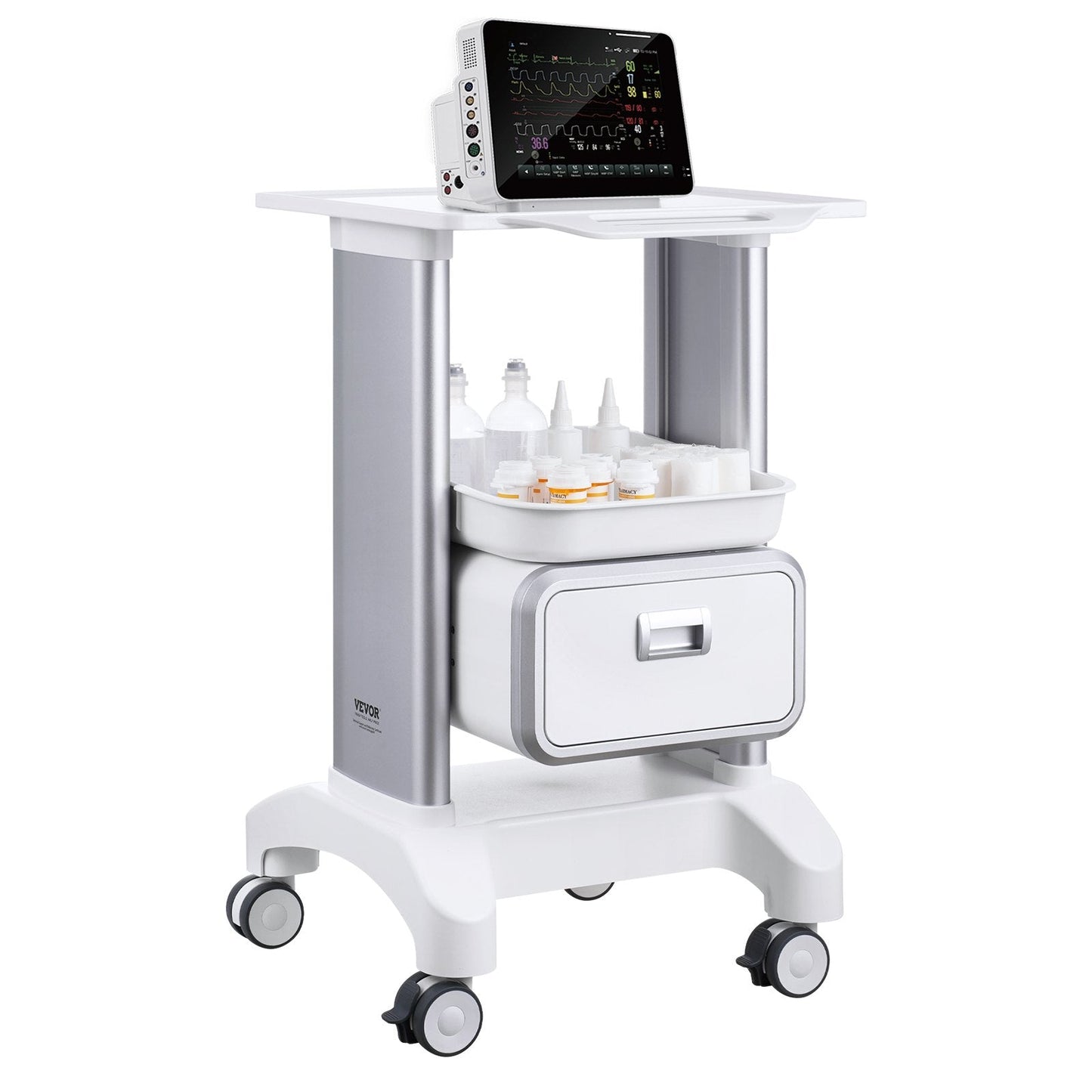 2-Tier Mobile Medical Cart with Drawer and Tray, White, 50 kg Capacity