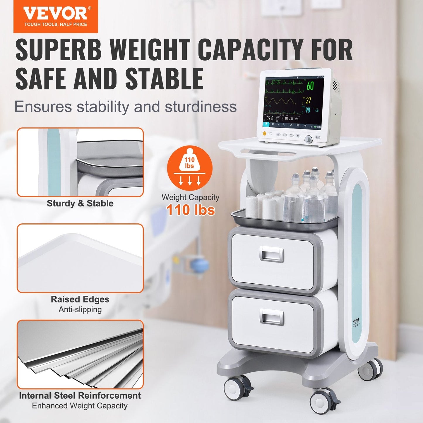3-Tier Mobile Medical Cart with Drawers and Tray, 50 kg Capacity, White