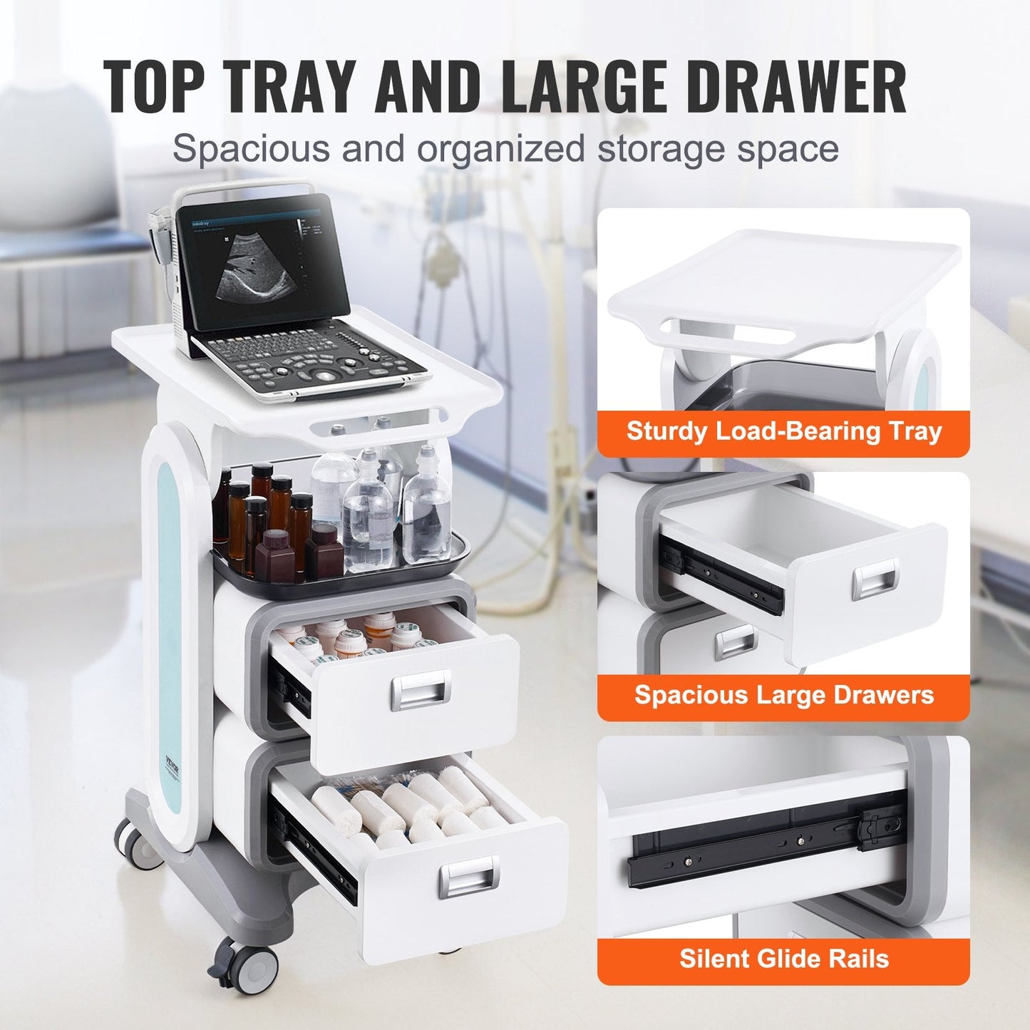 3-Tier Mobile Medical Cart with Drawers and Tray, 50 kg Capacity, White