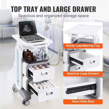 3-Tier Mobile Medical Cart with Drawers and Tray, 50 kg Capacity, White