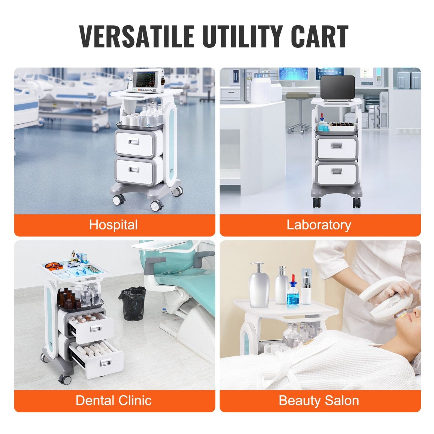 3-Tier Mobile Medical Cart with Drawers and Tray, 50 kg Capacity, White