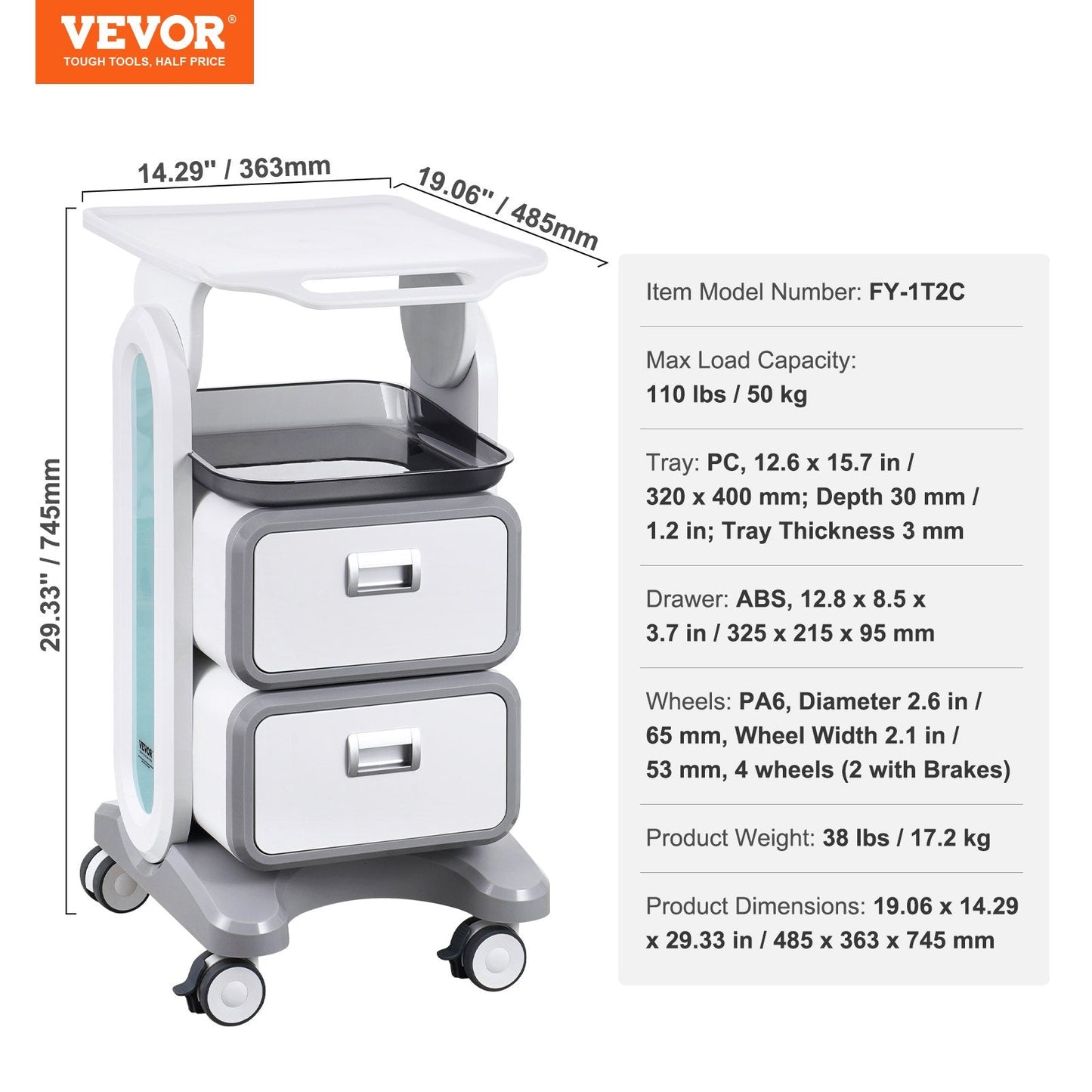 3-Tier Mobile Medical Cart with Drawers and Tray, 50 kg Capacity, White
