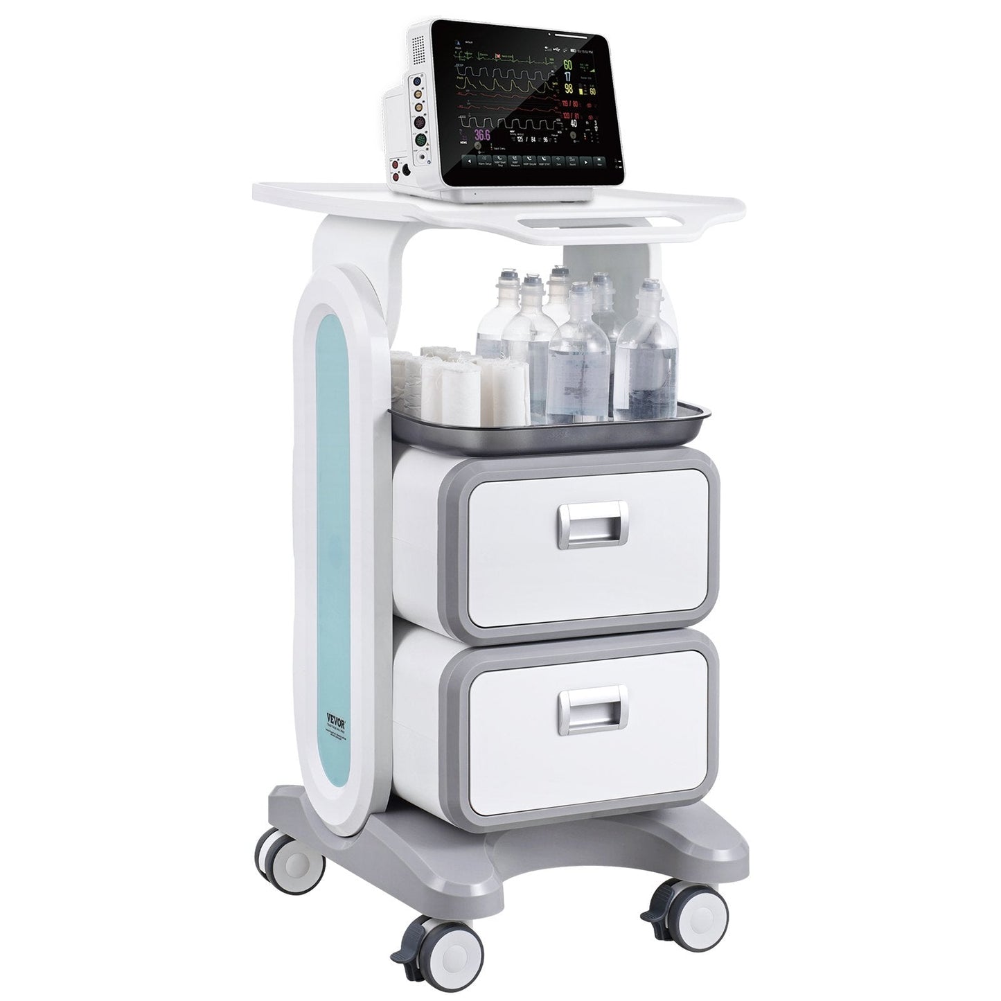 3-Tier Mobile Medical Cart with Drawers and Tray, 50 kg Capacity, White