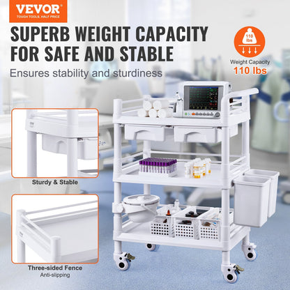 3-Tier Mobile Medical Cart with Trays & Trash Cans, White, 50 kg Capacity