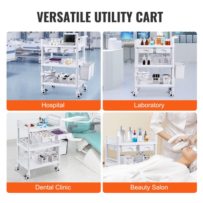 3-Tier Mobile Medical Cart with Trays & Trash Cans, White, 50 kg Capacity