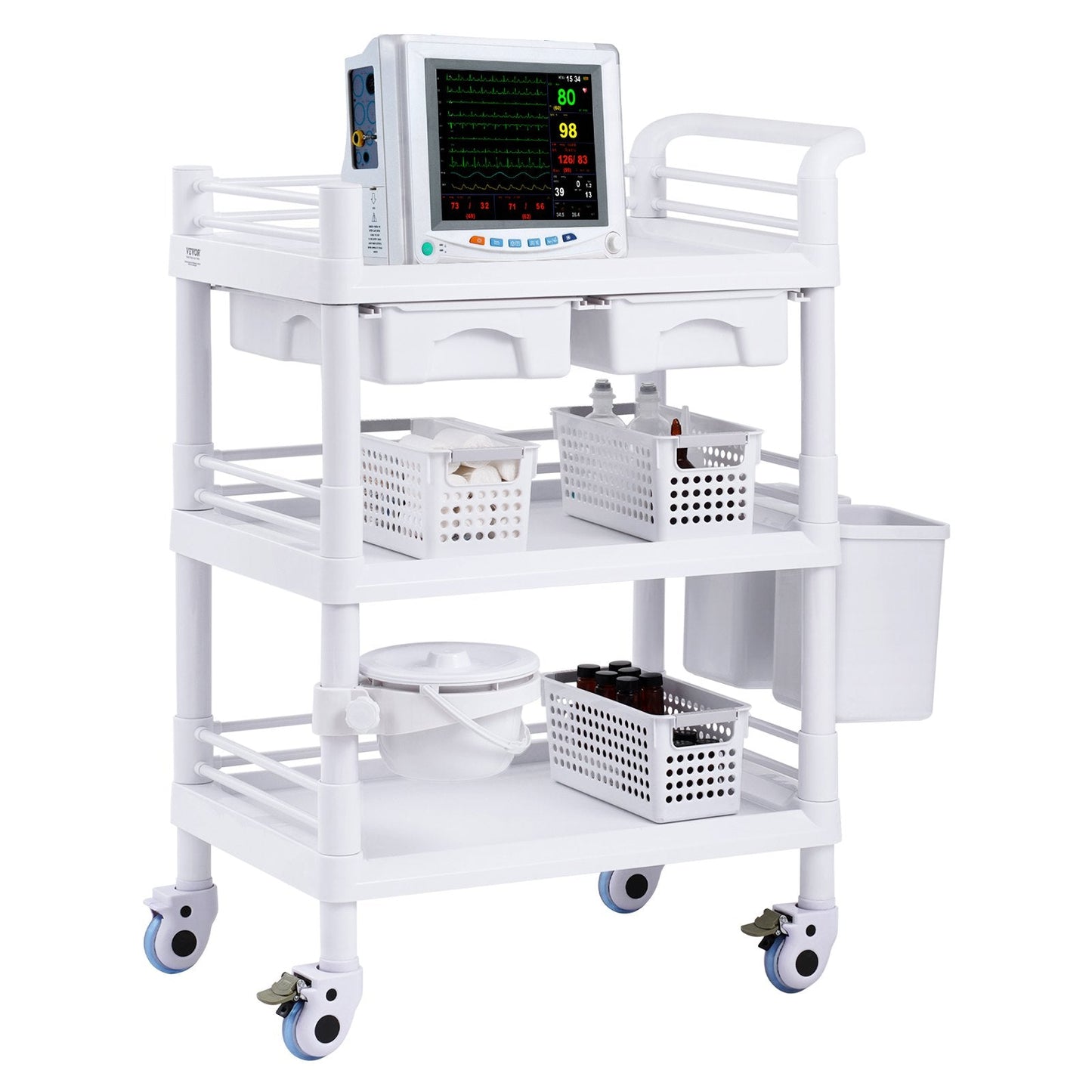 3-Tier Mobile Medical Cart with Trays & Trash Cans, White, 50 kg Capacity