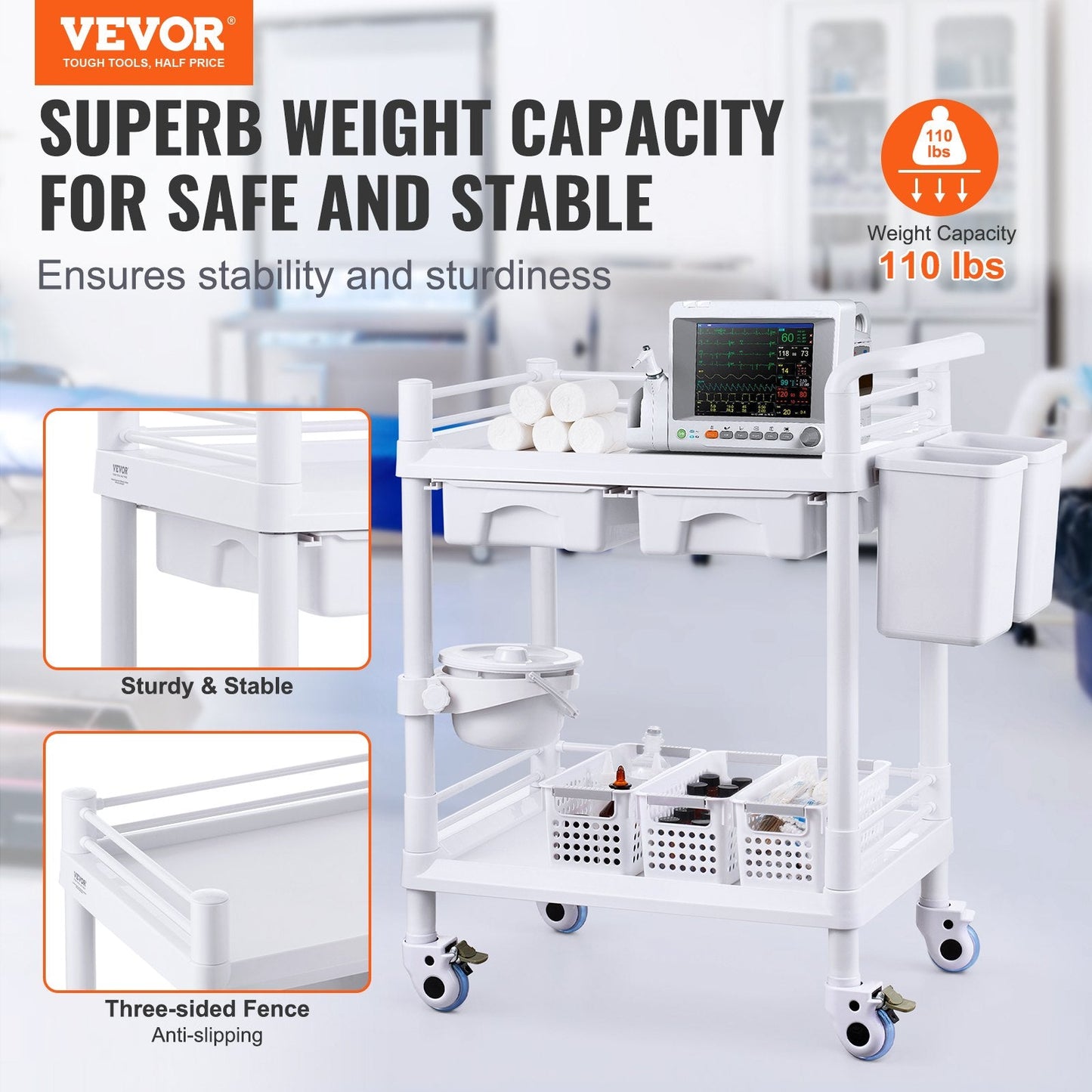 Mobile Medical Cart with 2 Trays, 2 Drawers, and 3 Trash Cans - White
