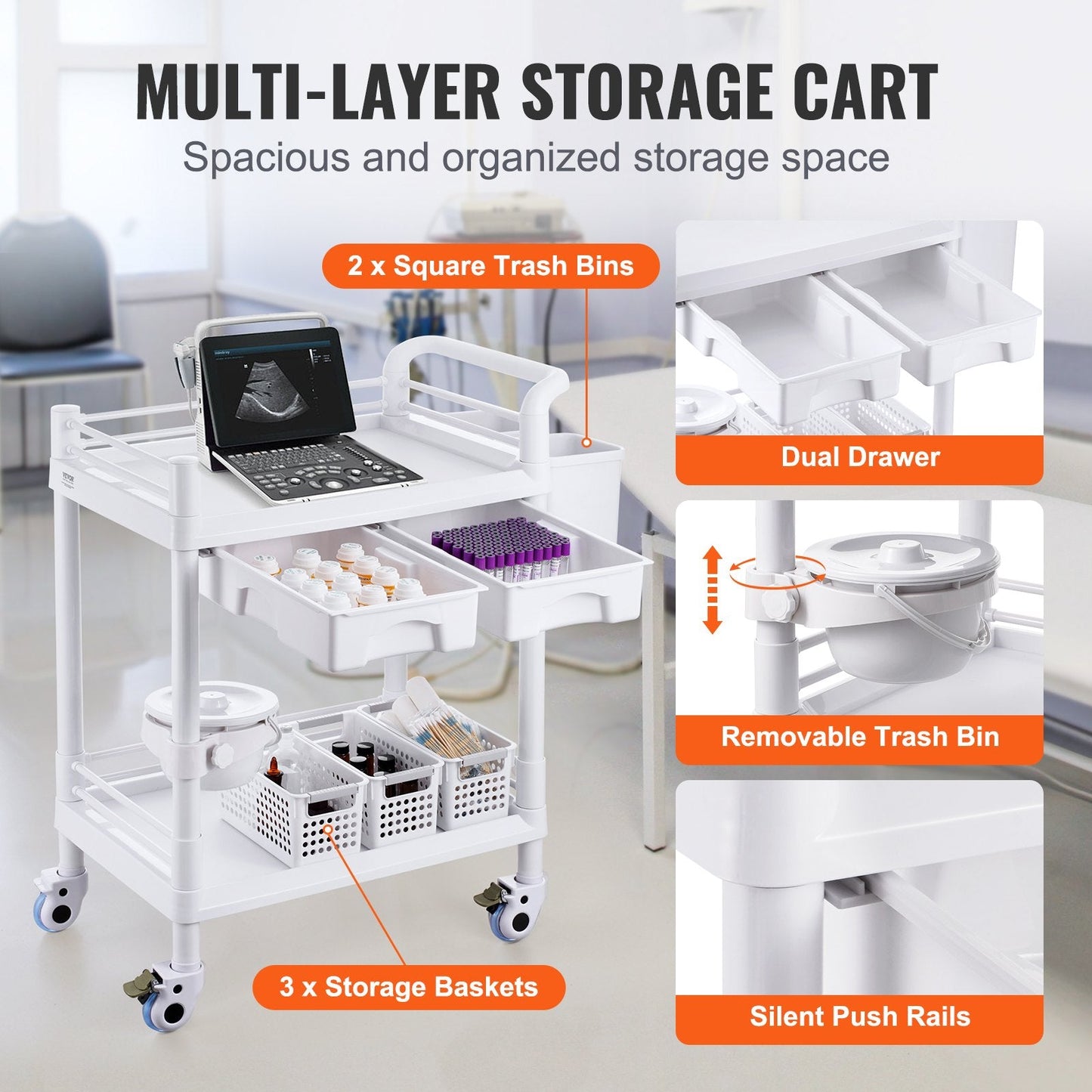 Mobile Medical Cart with 2 Trays, 2 Drawers, and 3 Trash Cans - White