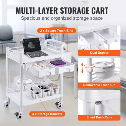 Mobile Medical Cart with 2 Trays, 2 Drawers, and 3 Trash Cans - White