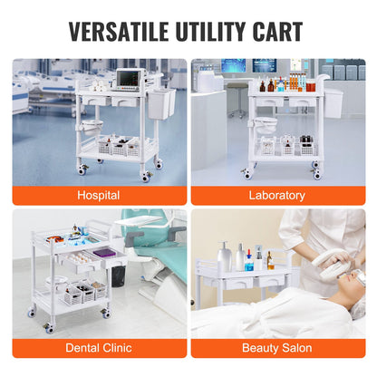 Mobile Medical Cart with 2 Trays, 2 Drawers, and 3 Trash Cans - White