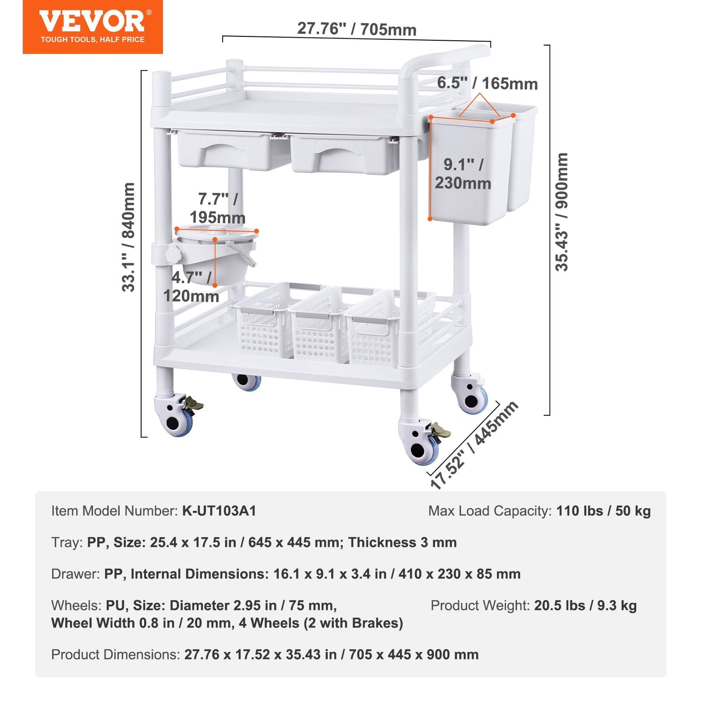 Mobile Medical Cart with 2 Trays, 2 Drawers, and 3 Trash Cans - White