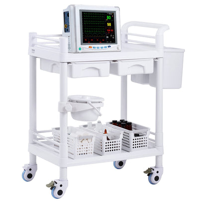 Mobile Medical Cart with 2 Trays, 2 Drawers, and 3 Trash Cans - White