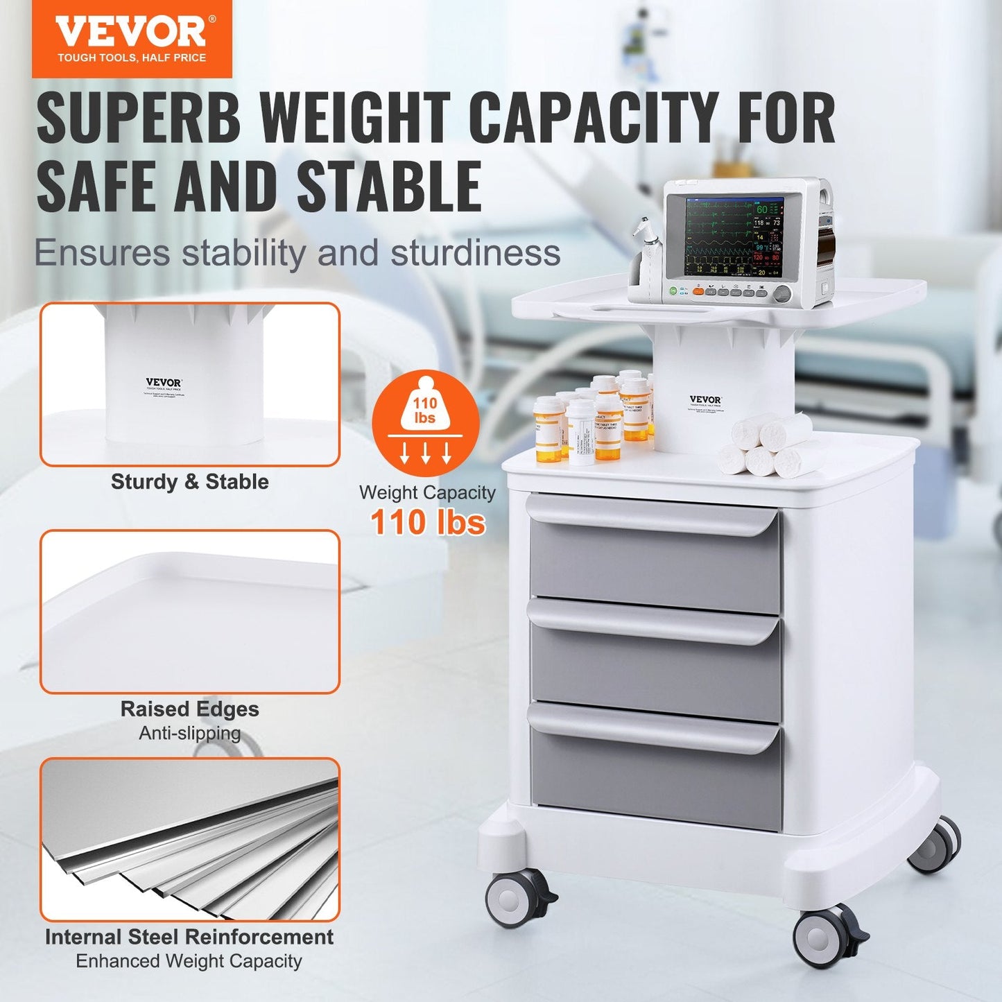 Mobile Medical Cart with 3 Drawers and Top Tray, 4 Tiers, White, 50 kg Capacity