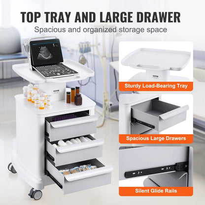 Mobile Medical Cart with 3 Drawers and Top Tray, 4 Tiers, White, 50 kg Capacity