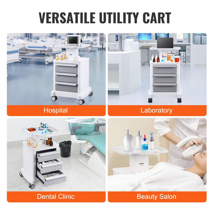 Mobile Medical Cart with 3 Drawers and Top Tray, 4 Tiers, White, 50 kg Capacity