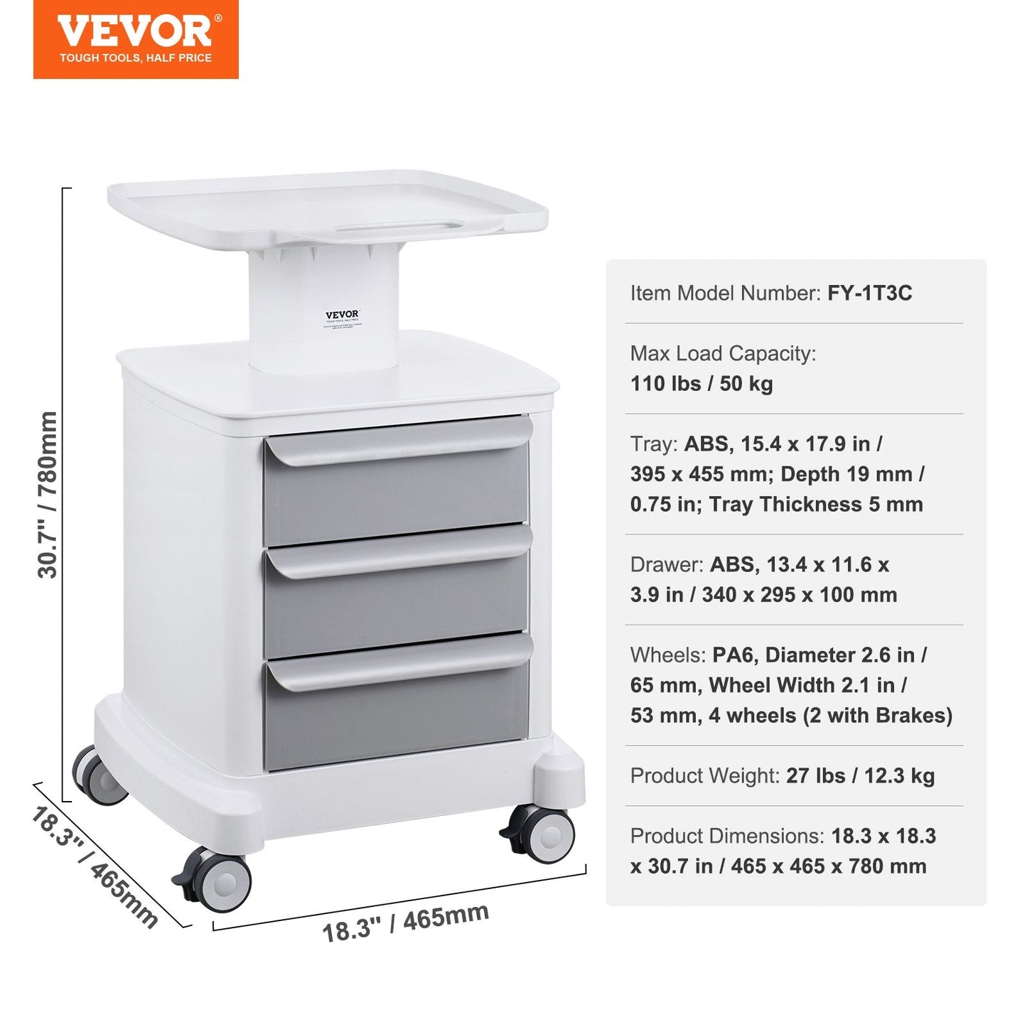 Mobile Medical Cart with 3 Drawers and Top Tray, 4 Tiers, White, 50 kg Capacity
