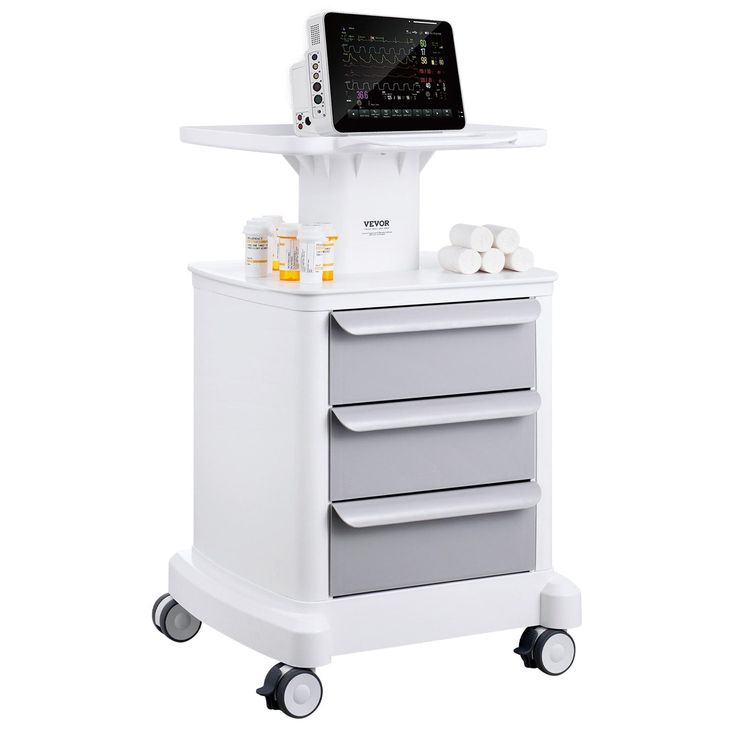 Mobile Medical Cart with 3 Drawers and Top Tray, 4 Tiers, White, 50 kg Capacity
