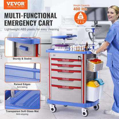 VEVOR 5 Tiers Lab Carts Mobile Medical Cart with 5 Drawers & 2 Trash Cans Blue