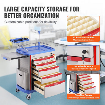 Mobile Medical Cart with 5 Drawers, 2 Trash Cans, and Easy Mobility - Blue