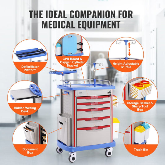 Mobile Medical Cart with 5 Drawers, 2 Trash Cans, and Easy Mobility - Blue