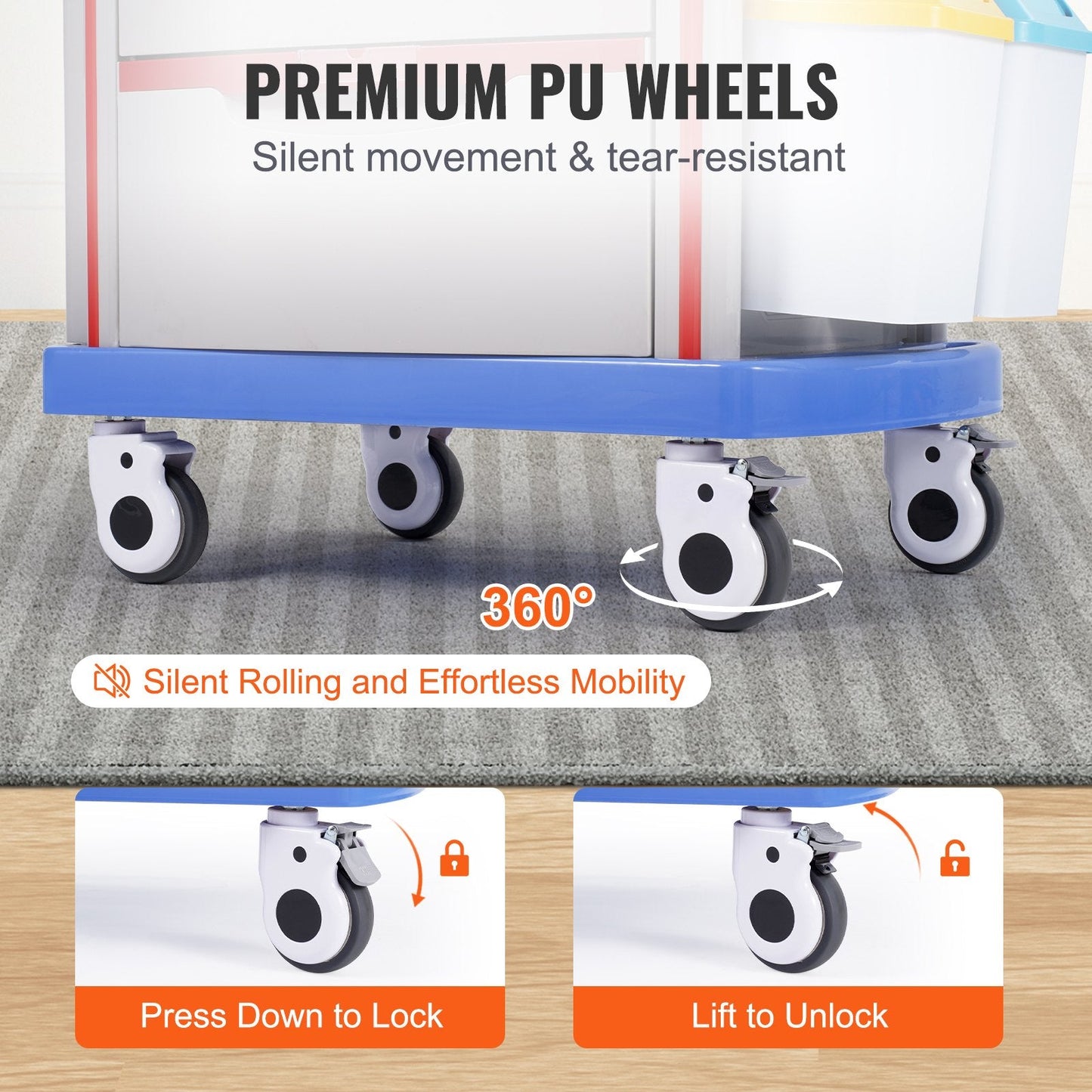 Mobile Medical Cart with 5 Drawers, 2 Trash Cans, and Easy Mobility - Blue
