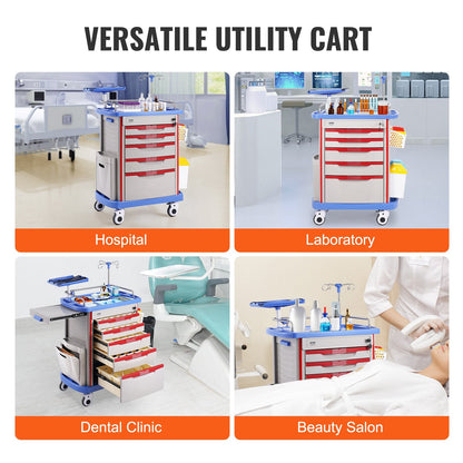 Mobile Medical Cart with 5 Drawers, 2 Trash Cans, and Easy Mobility - Blue