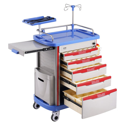 Mobile Medical Cart with 5 Drawers, 2 Trash Cans, and Easy Mobility - Blue