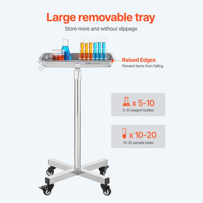 VEVOR Mobile Mayo Stand Stainless Steel Mayo Tray 25.2"-39.8" with Removable Tray