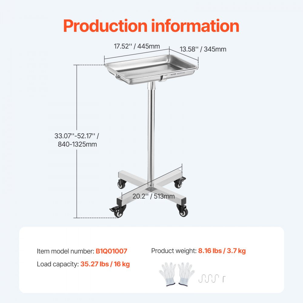 VEVOR Mobile Mayo Stand Stainless Steel Mayo Tray 25.2"-39.8" with Removable Tray