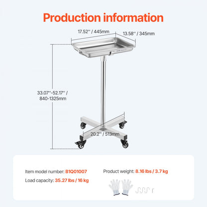 VEVOR Mobile Mayo Stand Stainless Steel Mayo Tray 25.2"-39.8" with Removable Tray